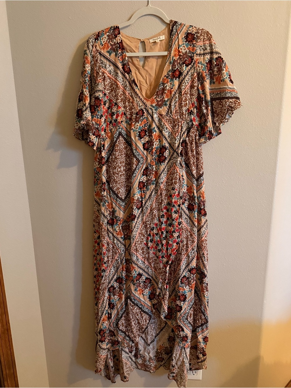 Boho Floral Patchwork Maxi Dress in Tan and Rust